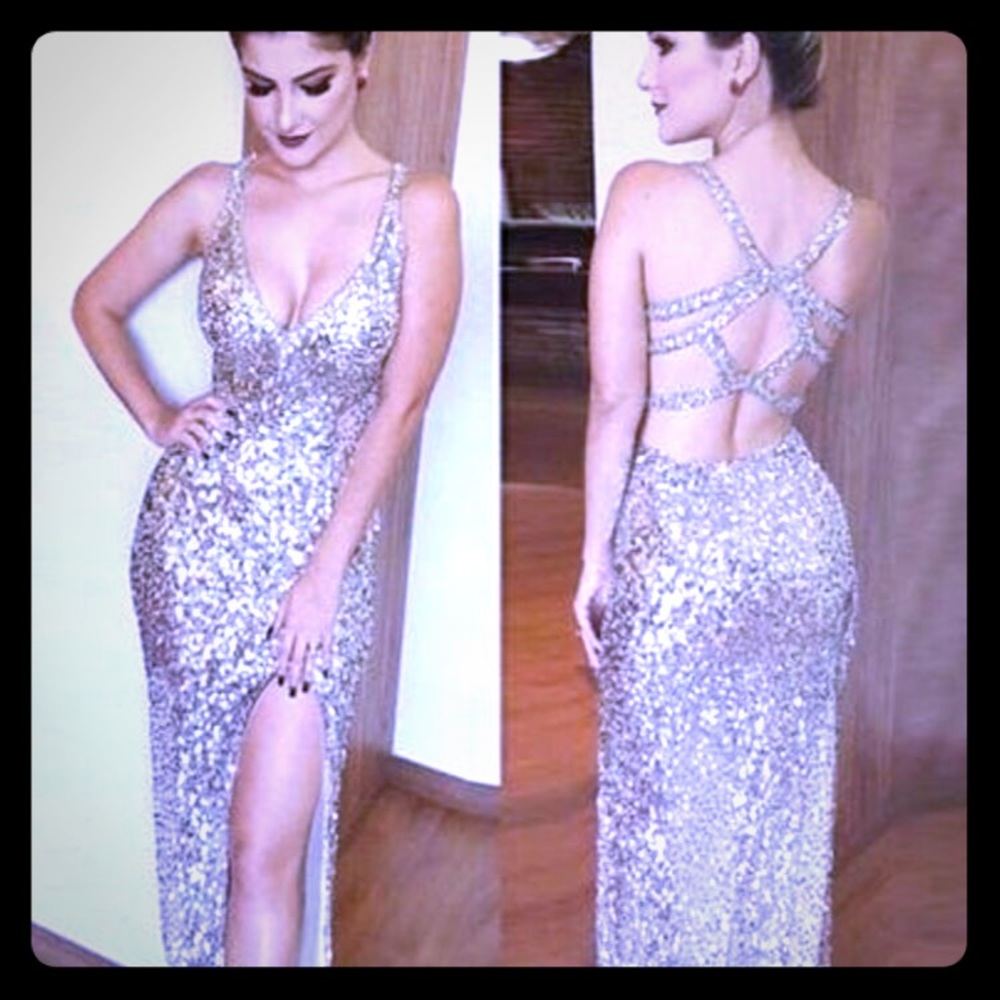 White Sequin Floor Length Column Evening Dress